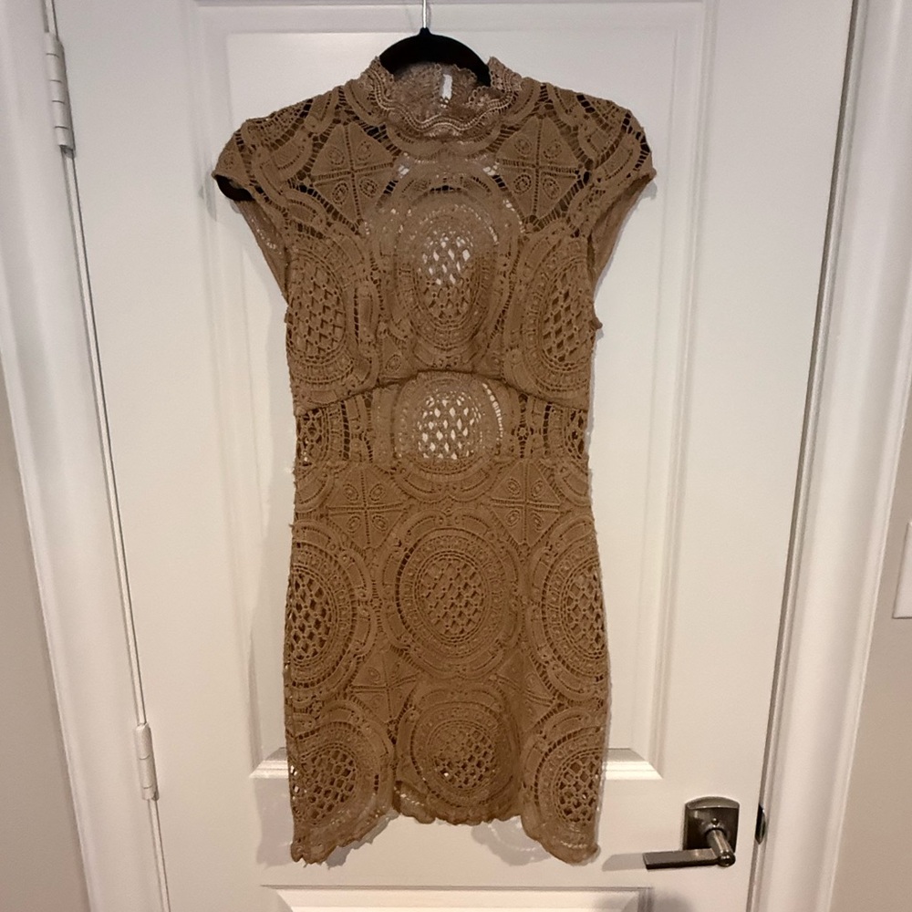 Bebe Tan Crochet Lace Dress, Size 6,